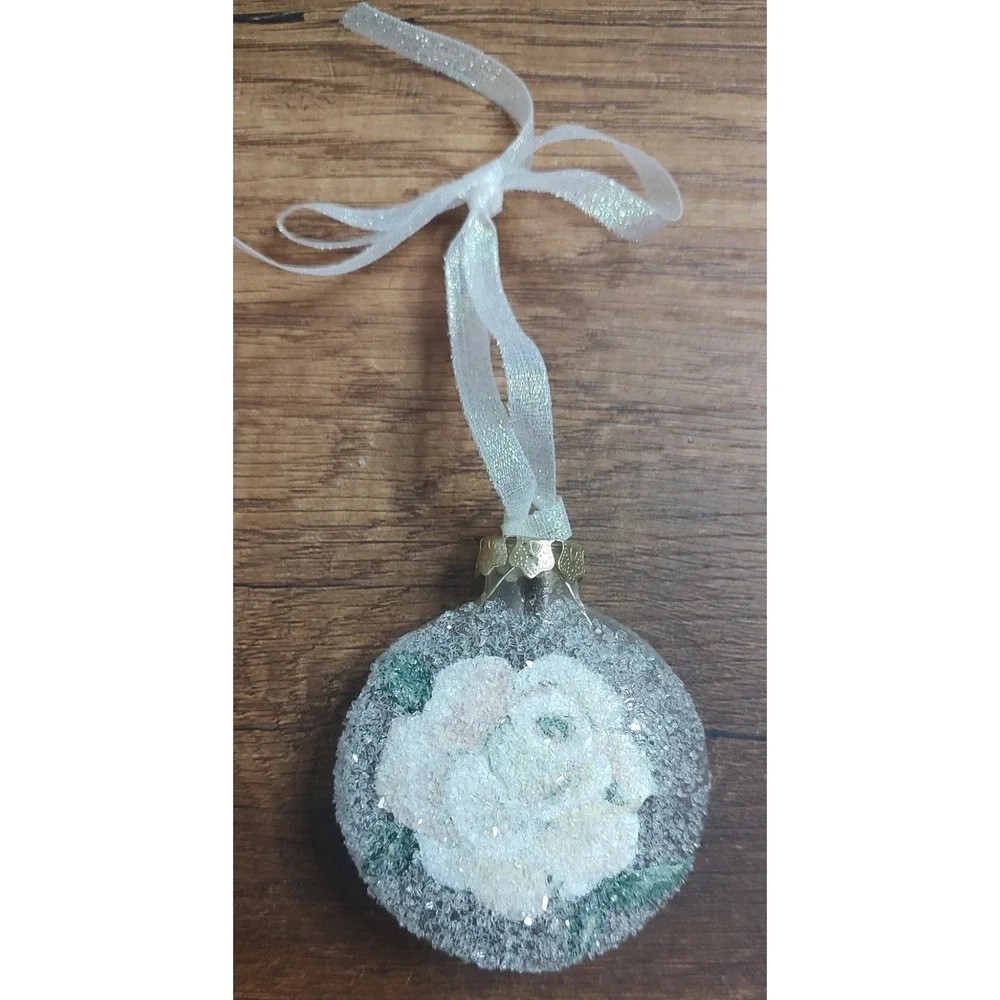 2 Hand Painted Clear Frosted Rose Round Shaped Christmas Ornaments B2